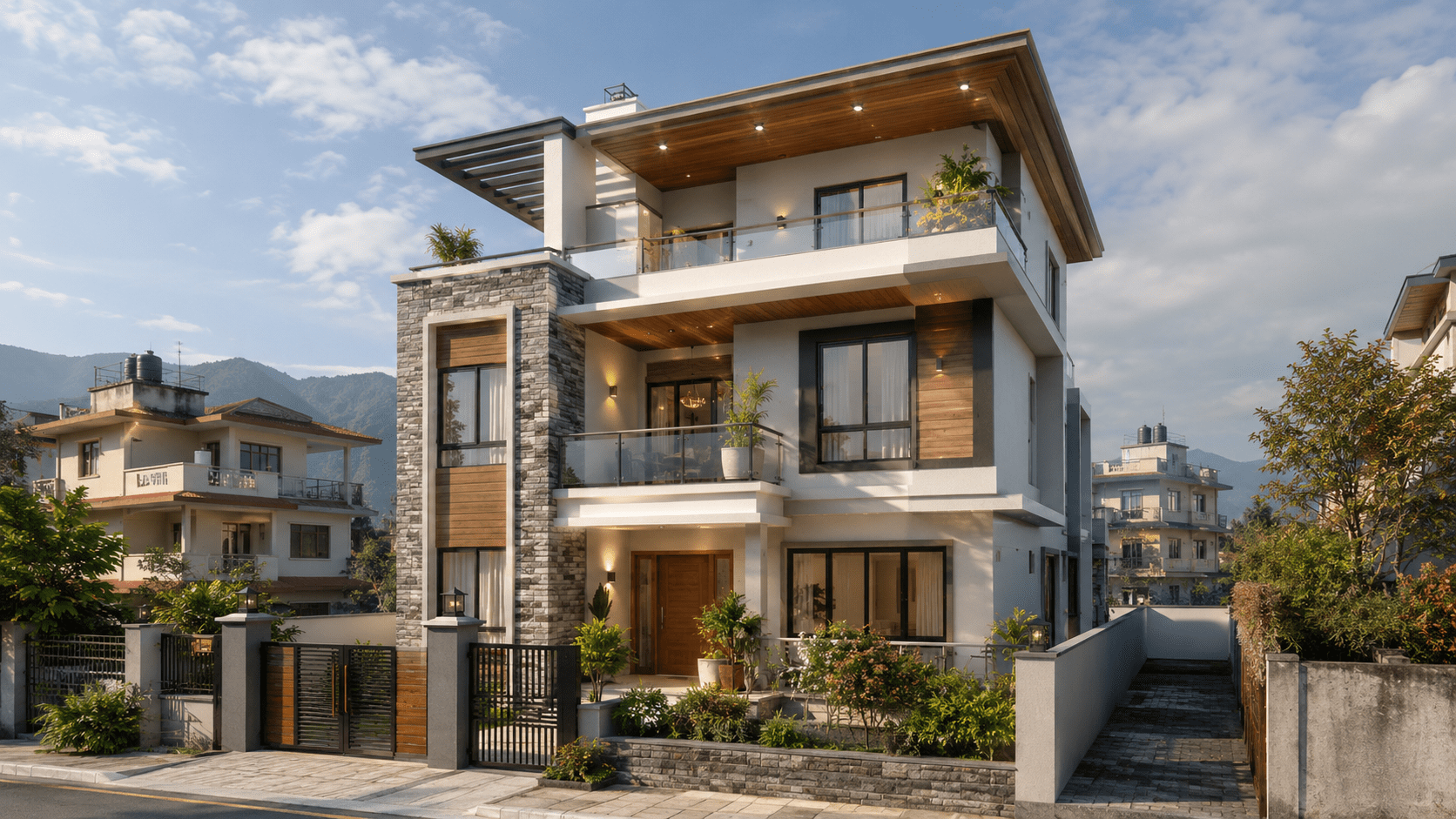 Modern House Design in Nepal Modern residential house design in Nepal with stone and wood facade accents
