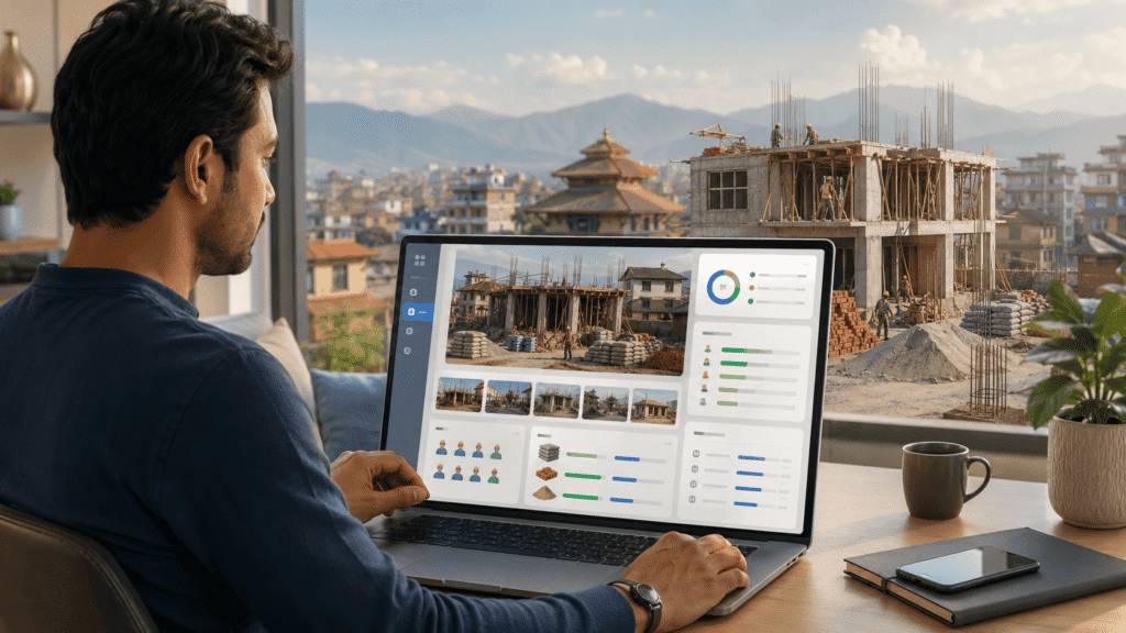 NRN homeowner monitoring house construction in Nepal from abroad using site photos material tracking and progress reports